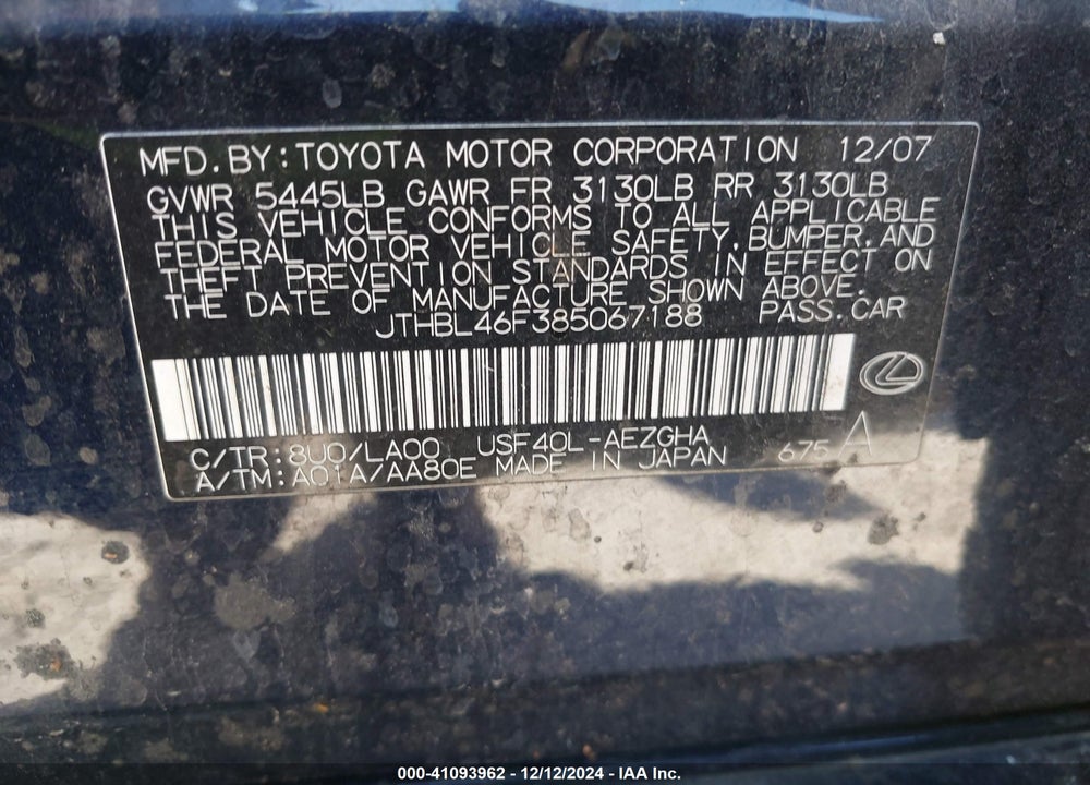 2008 LEXUS LS 460 VIN: JTHBL46F385067188