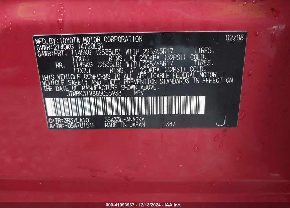 2008 TOYOTA RAV4 LIMITED V6 VIN: JTMBK31V885055938