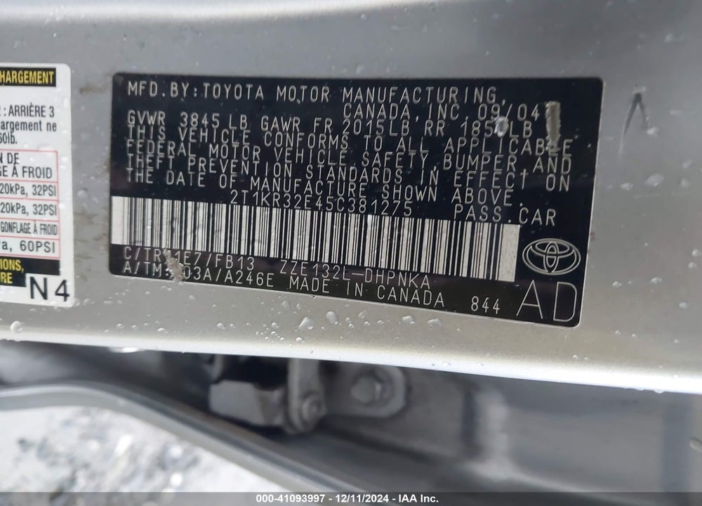 2005 TOYOTA MATRIX/XR VIN: 2T1KR32E45C381275