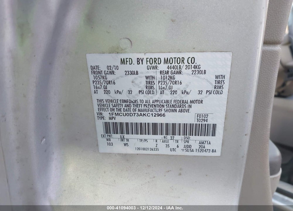 2010 FORD ESCAPE XLT VIN: 1FMCU0D73AKC12966