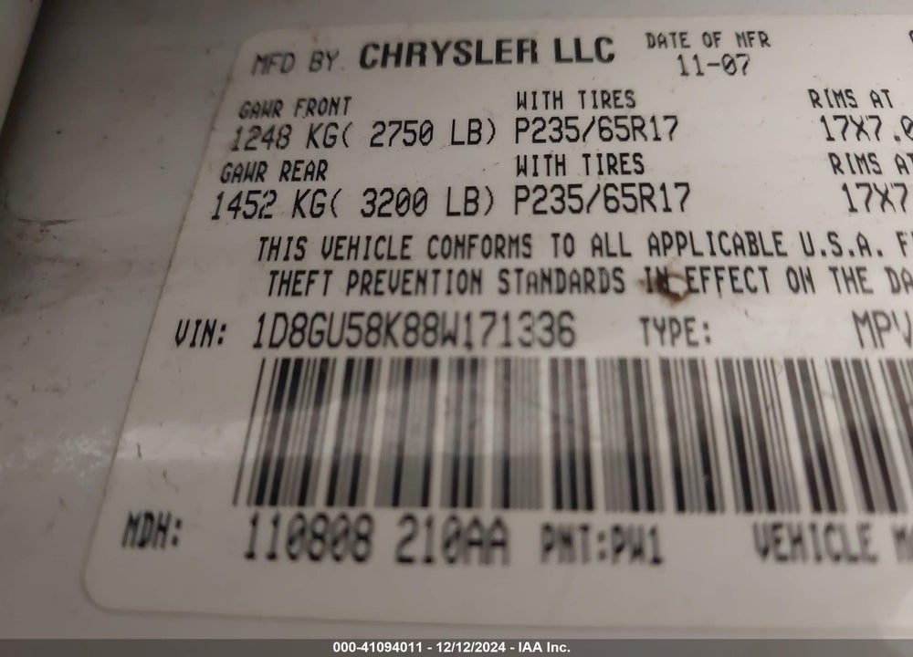 2008 DODGE NITRO SLT/RT VIN: 1D8GU58K88W171336