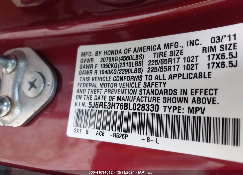 2011 HONDA CR-V EX-L VIN: 5J6RE3H76BL028330