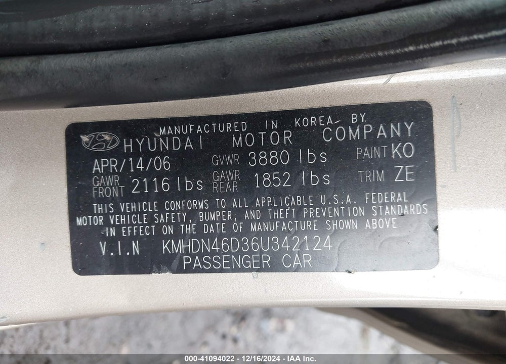 2006 HYUNDAI ELANTRA GLS/LIMITED VIN: KMHDN46D36U342124