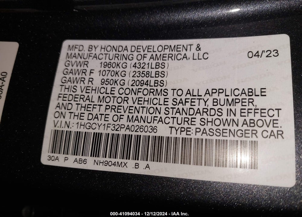 2023 HONDA ACCORD EX VIN: 1HGCY1F32PA026036