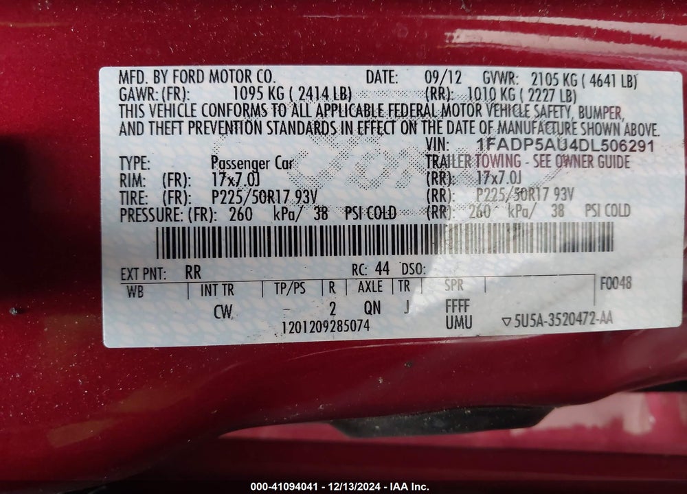 2013 FORD C-MAX HYBRID VIN: 1FADP5AU4DL506291
