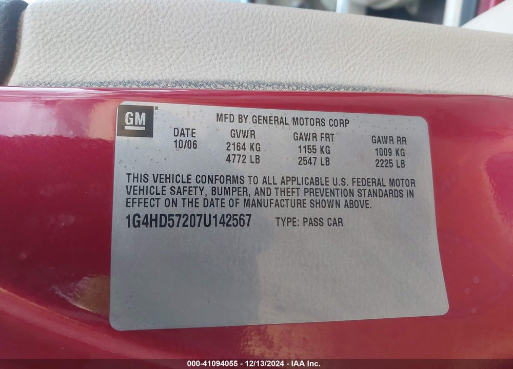 2007 BUICK LUCERNE CXL VIN: 1G4HD57207U142567