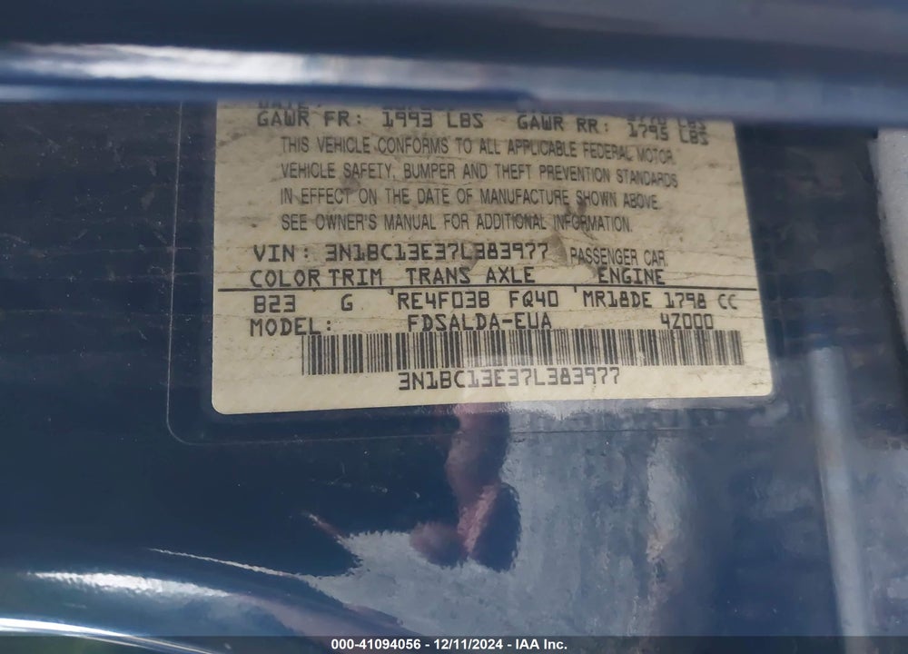2007 NISSAN VERSA VIN: 3N1BC13E37L383977