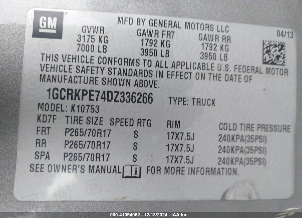 2013 CHEVROLET SILVERADO 1500 WORK TRUCK VIN: 1GCRKPE74DZ336266