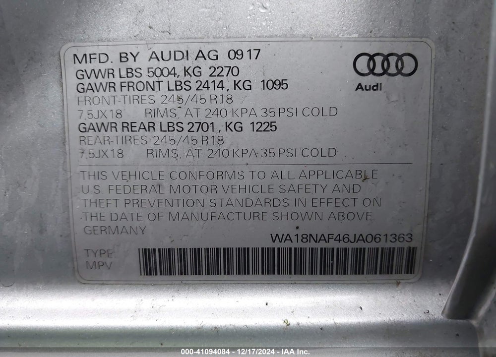 2018 AUDI A4 ALLROAD 2.0T PREMIUM/2.0T TECH PREMIUM VIN: WA18NAF46JA061363