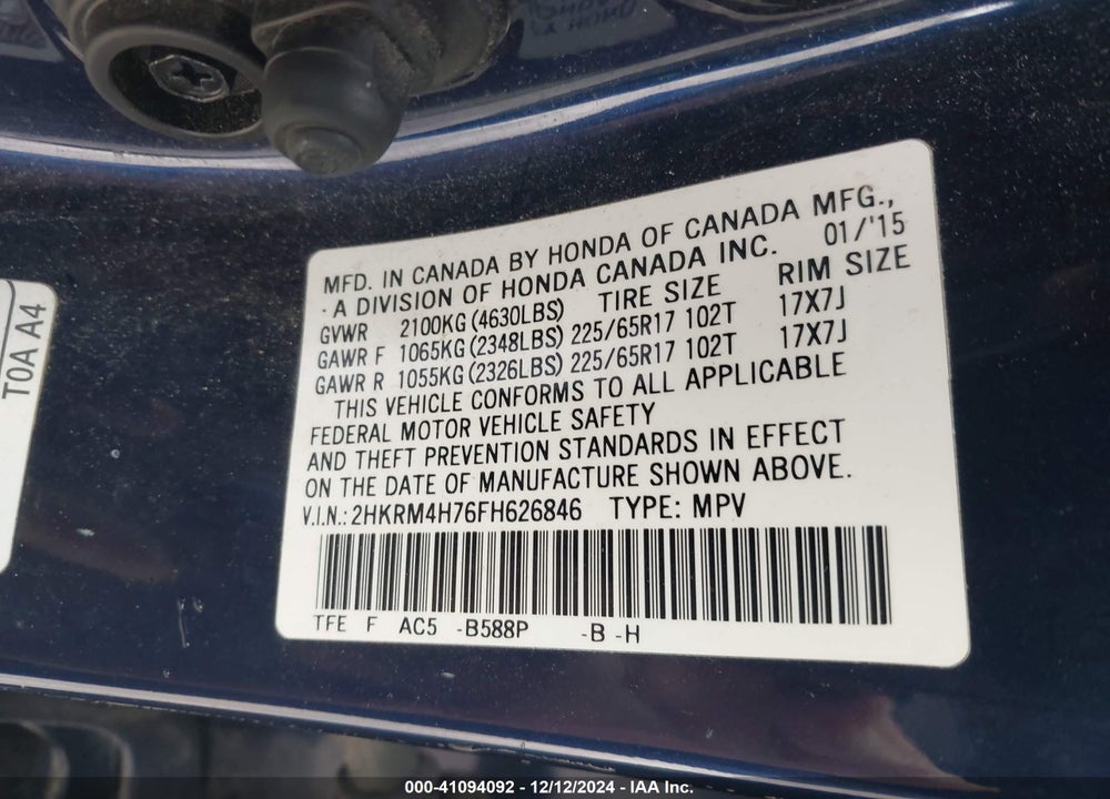2015 HONDA CR-V EX-L VIN: 2HKRM4H76FH626846