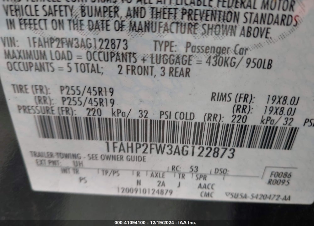 2010 FORD TAURUS LIMITED VIN: 1FAHP2FW3AG122873