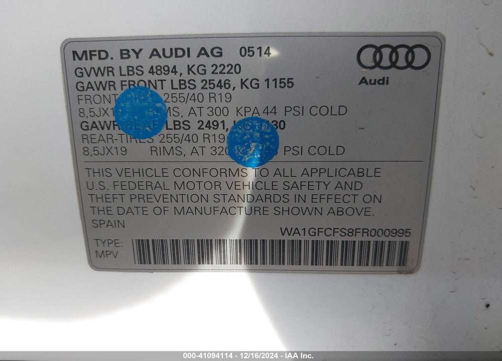 2015 AUDI Q3 2.0T PREMIUM PLUS VIN: WA1GFCFS8FR000995