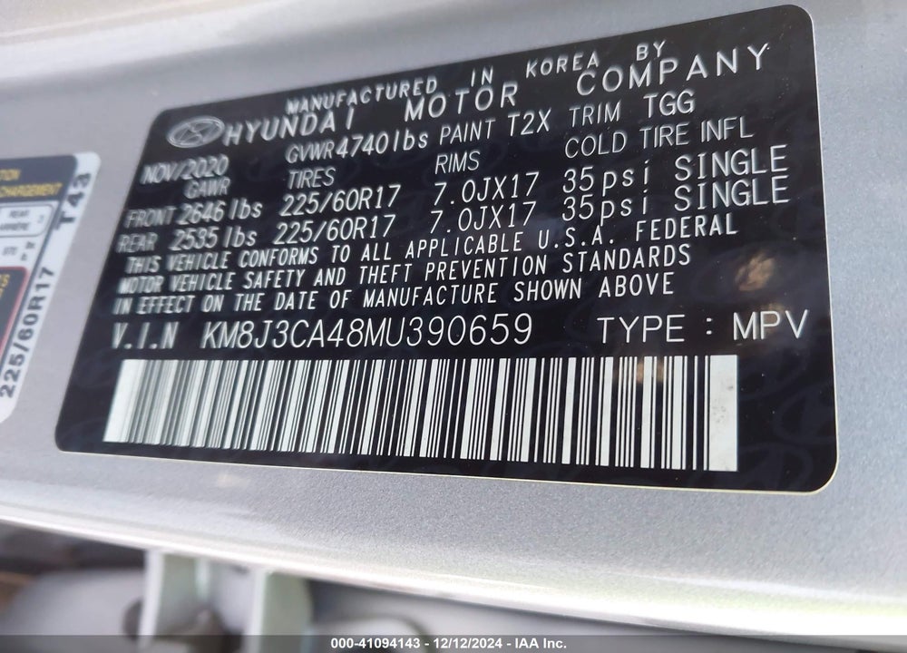2021 HYUNDAI TUCSON VALUE VIN: KM8J3CA48MU390659