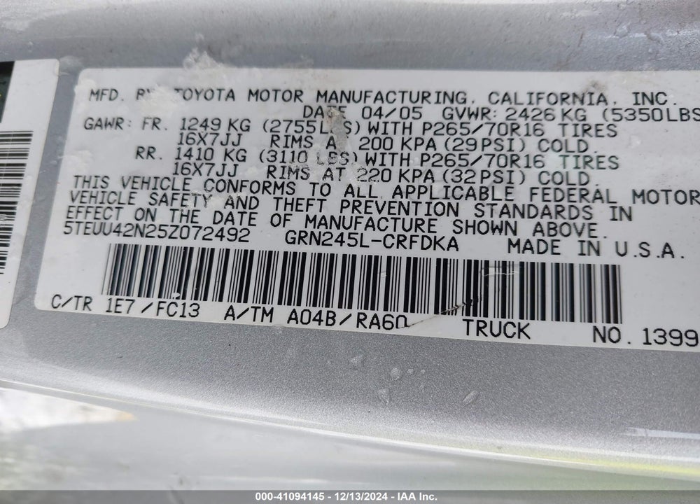 2005 TOYOTA TACOMA BASE V6 VIN: 5TEUU42N25Z072492