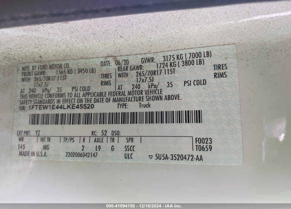 2020 FORD F-150 XLT VIN: 1FTEW1E44LKE45520