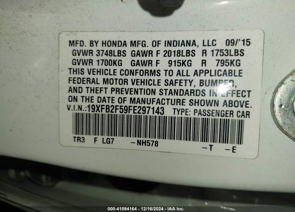 2015 HONDA CIVIC LX VIN: 19XFB2F59FE297143