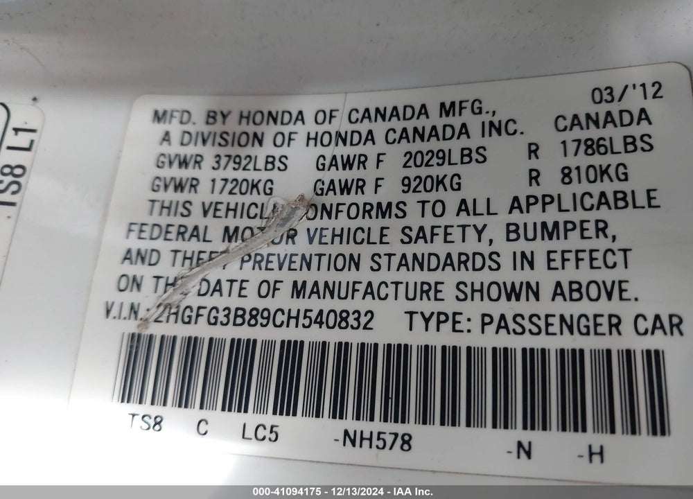 2012 HONDA CIVIC VIN: 2HGFG3B89CH540832