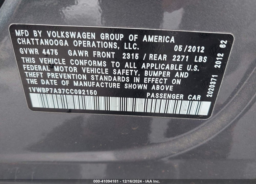 2012 VOLKSWAGEN PASSAT VIN: 1VWBP7A37CC092150