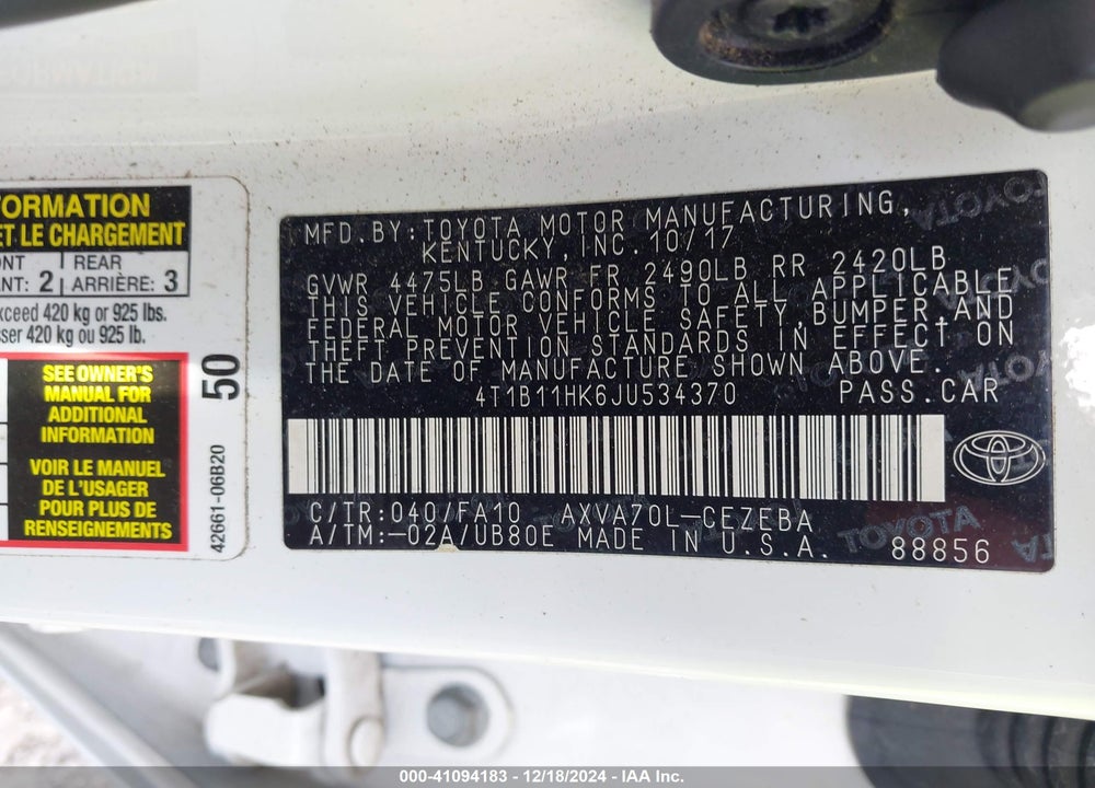 2018 TOYOTA CAMRY L VIN: 4T1B11HK6JU534370
