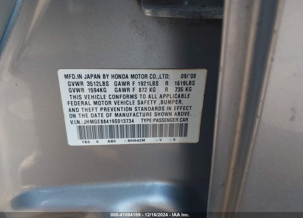 2009 HONDA FIT VIN: JHMGE88419S013734