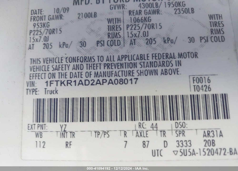 2010 FORD RANGER XL/XLT VIN: 1FTKR1AD2APA08017