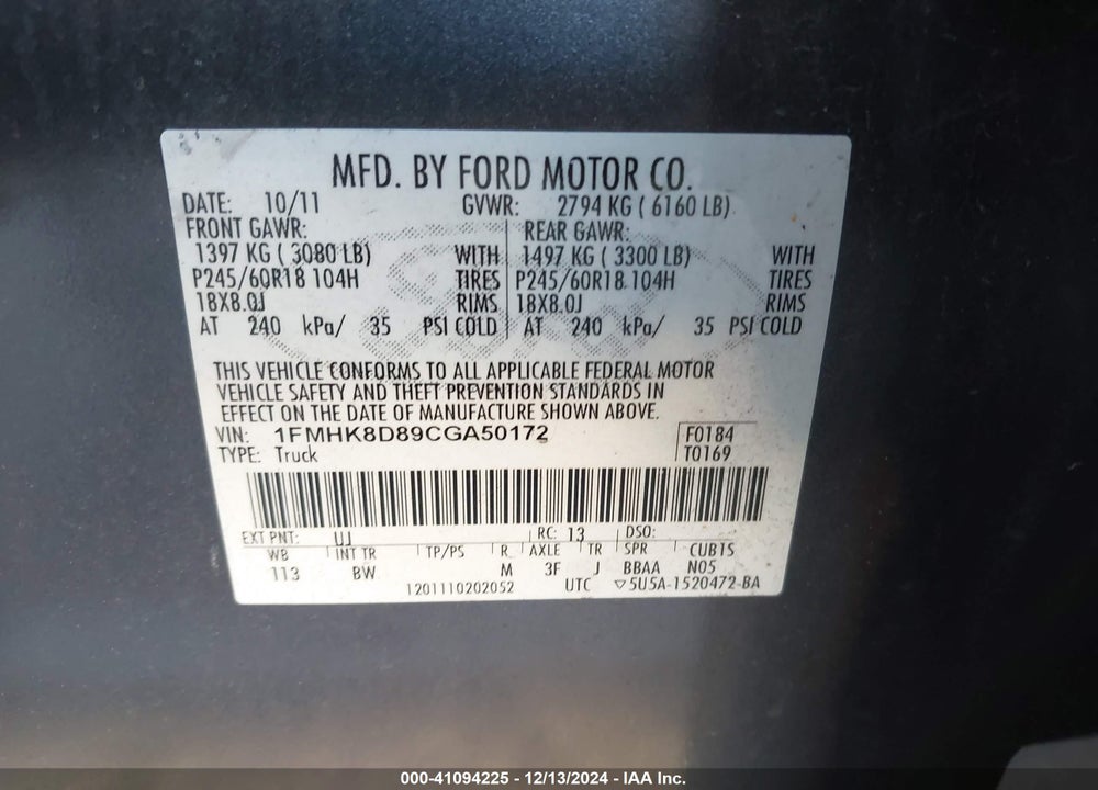 2012 FORD EXPLORER XLT VIN: 1FMHK8D89CGA50172