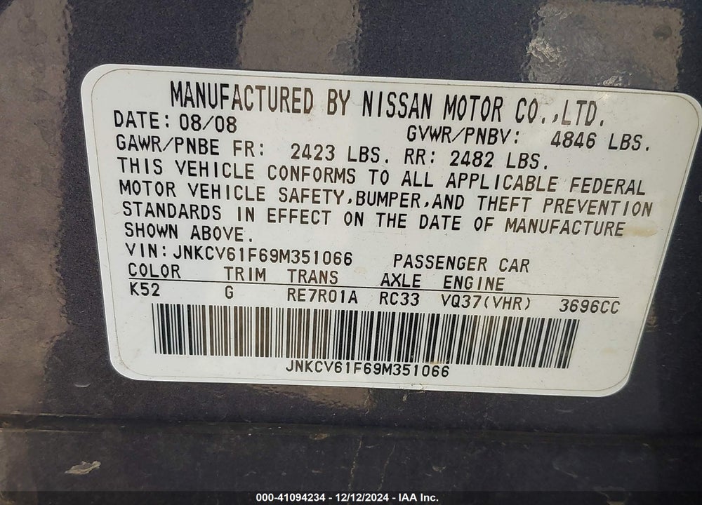2009 INFINITI G37X VIN: JNKCV61F69M351066