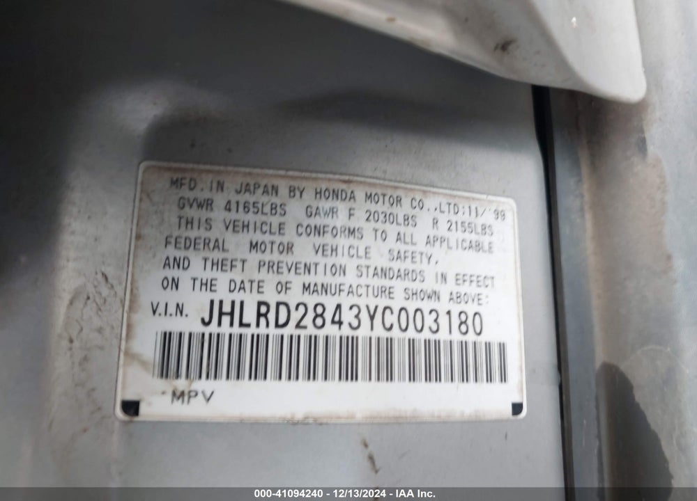 2000 HONDA CR-V LX VIN: JHLRD2843YC003180