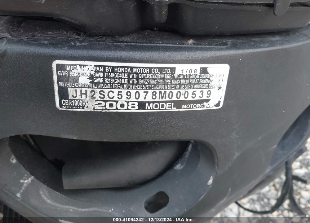 2008 HONDA CBR1000 RR VIN: JH2SC59078M000539