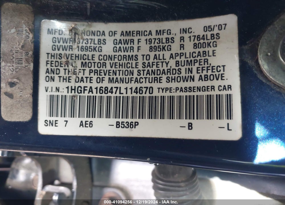 2007 HONDA CIVIC EX VIN: 1HGFA16847L114670