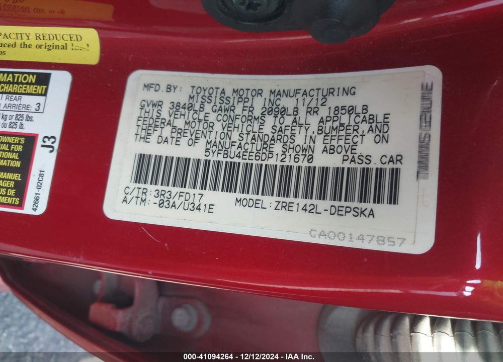 2013 TOYOTA COROLLA VIN: 5YFBU4EE6DP121670