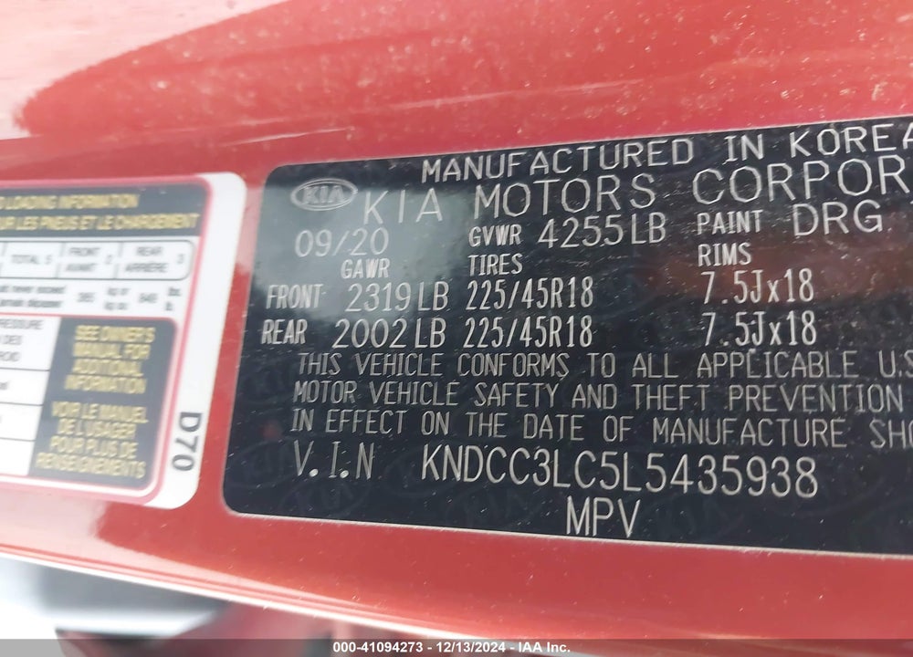 2020 KIA NIRO TOURING SPORT VIN: KNDCC3LC5L5435938
