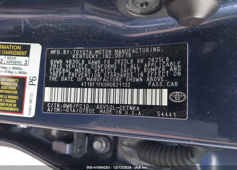 2017 TOYOTA CAMRY LE VIN: 4T1BF1FK0HU621132
