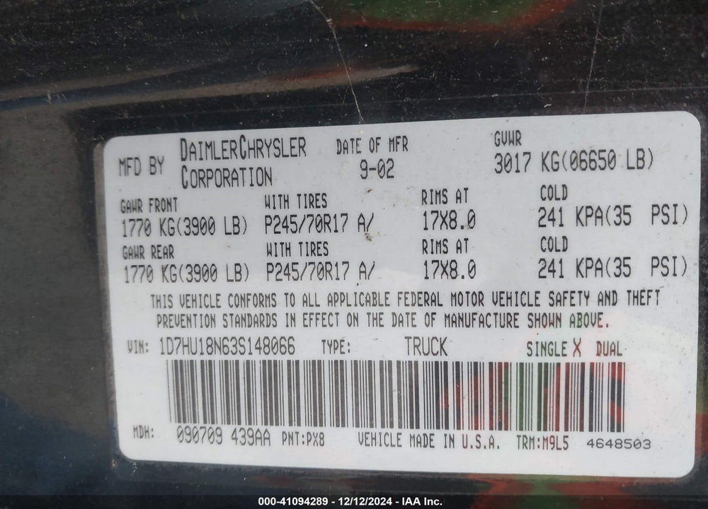 2003 DODGE RAM 1500 SLT/LARAMIE/ST VIN: 1D7HU18N63S148066