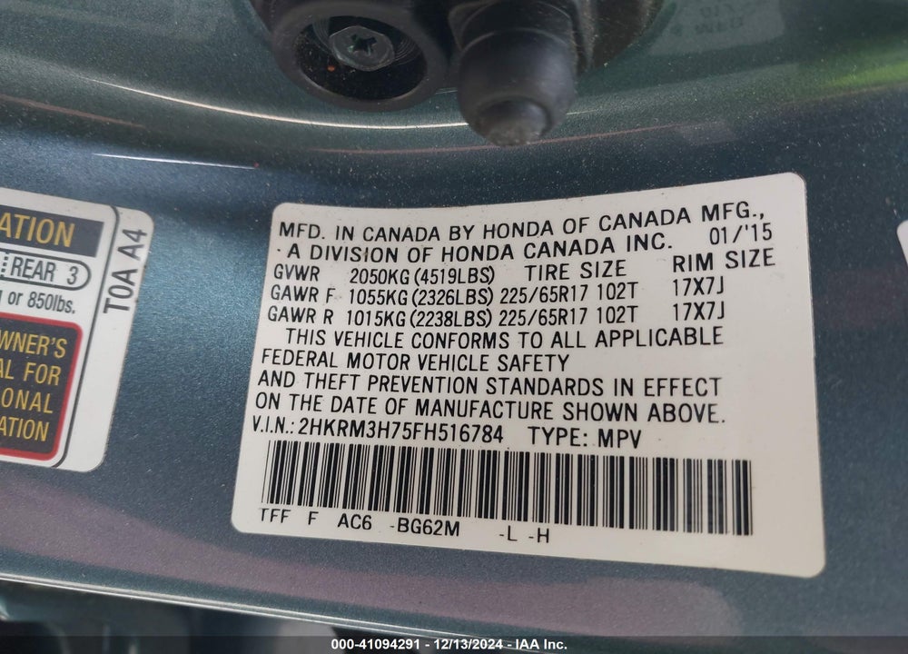 2015 HONDA CR-V EX-L VIN: 2HKRM3H75FH516784