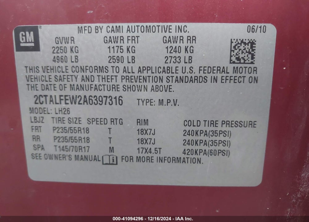 2010 GMC TERRAIN SLT-1 VIN: 2CTALFEW2A6397316