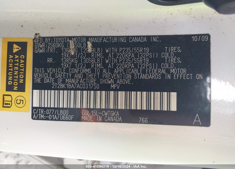 2010 LEXUS RX 350 BASE (A6) VIN: 2T2BK1BA7AC031750