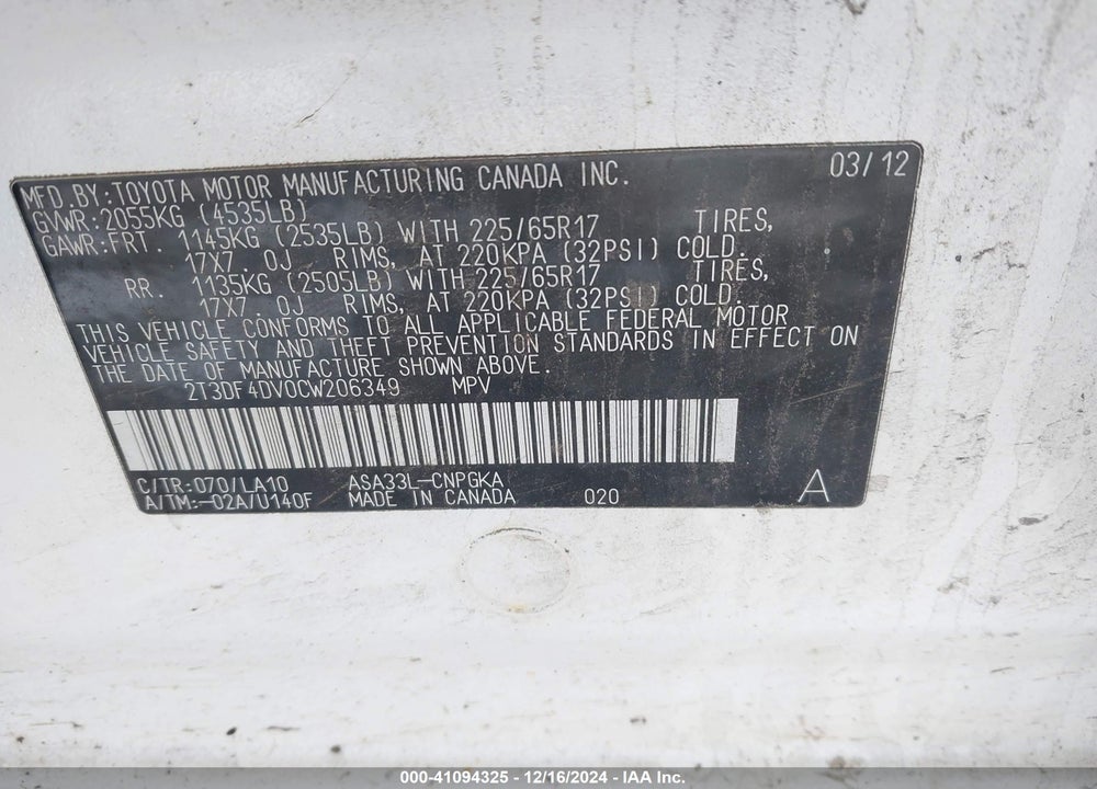 2012 TOYOTA RAV4 LIMITED VIN: 2T3DF4DV0CW206349
