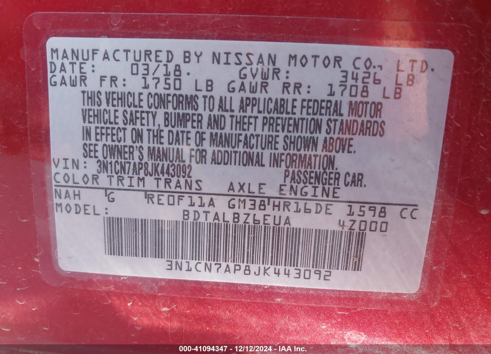 2018 NISSAN VERSA 1.6 SV VIN: 3N1CN7AP8JK443092
