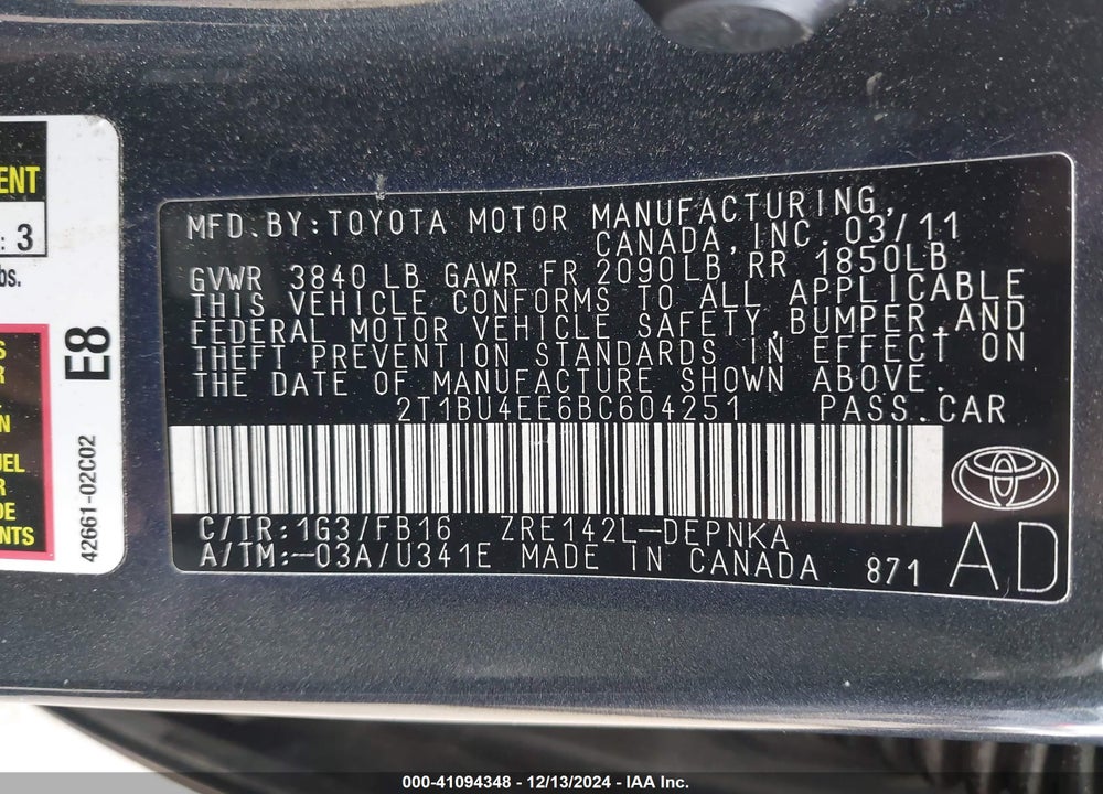 2011 TOYOTA COROLLA LE VIN: 2T1BU4EE6BC604251