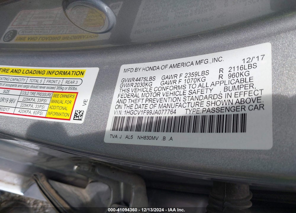 2018 HONDA ACCORD TOURING VIN: 1HGCV1F99JA077764