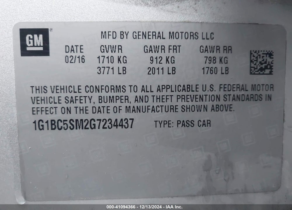 2016 CHEVROLET CRUZE LS AUTO VIN: 1G1BC5SM2G7234437