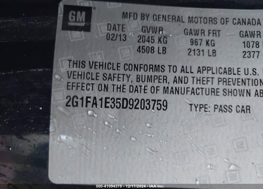 2013 CHEVROLET CAMARO 2LS VIN: 2G1FA1E35D9203759