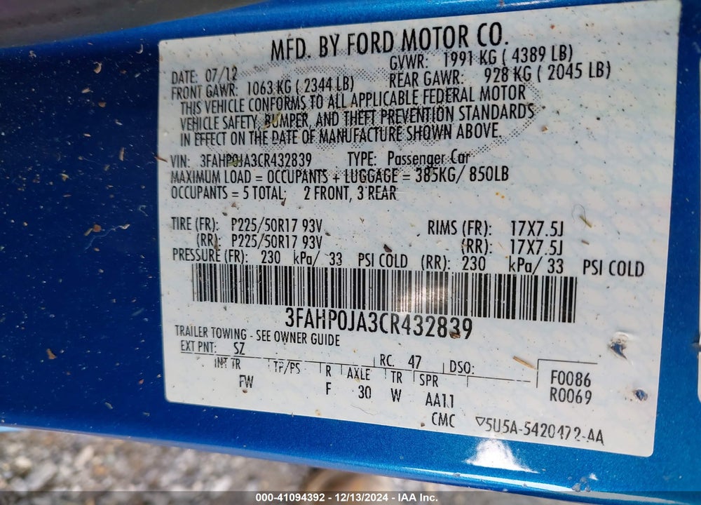 2012 FORD FUSION SEL VIN: 3FAHP0JA3CR432839