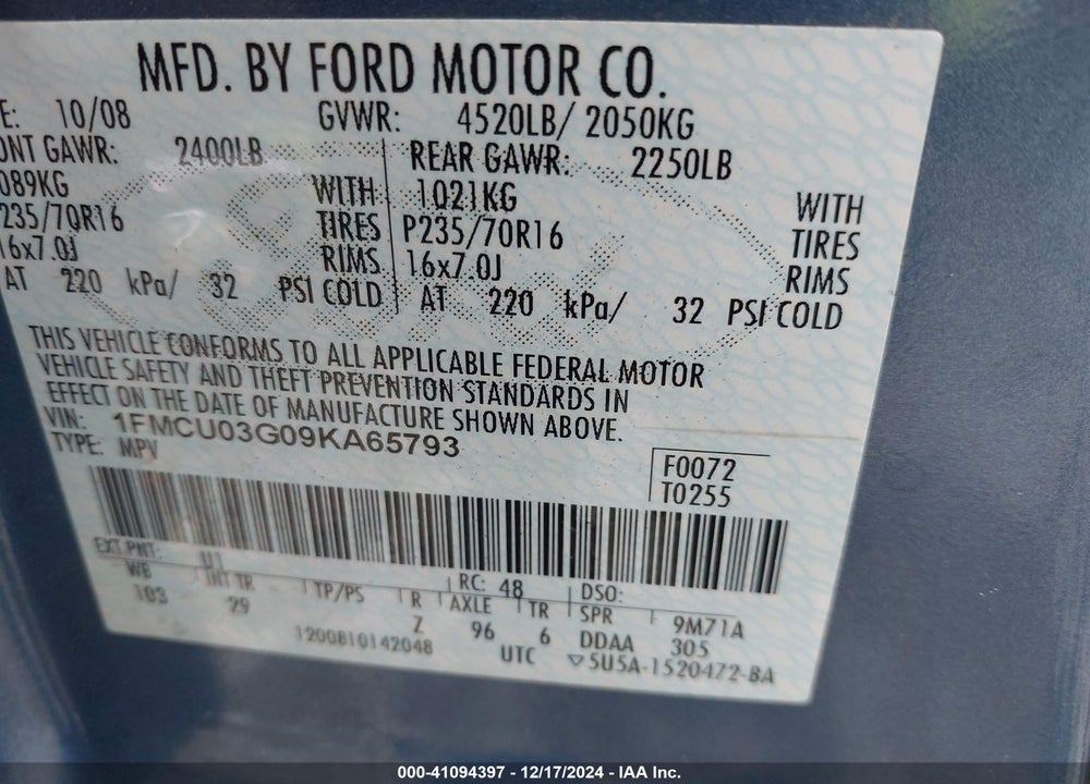 2009 FORD ESCAPE XLT VIN: 1FMCU03G09KA65793