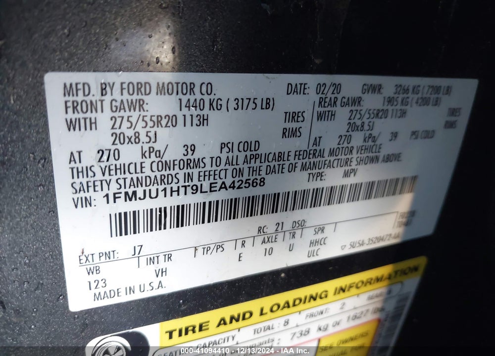 2020 FORD EXPEDITION XLT VIN: 1FMJU1HT9LEA42568