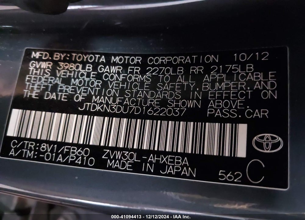 2013 TOYOTA PRIUS VIN: JTDKN3DU7D1622037