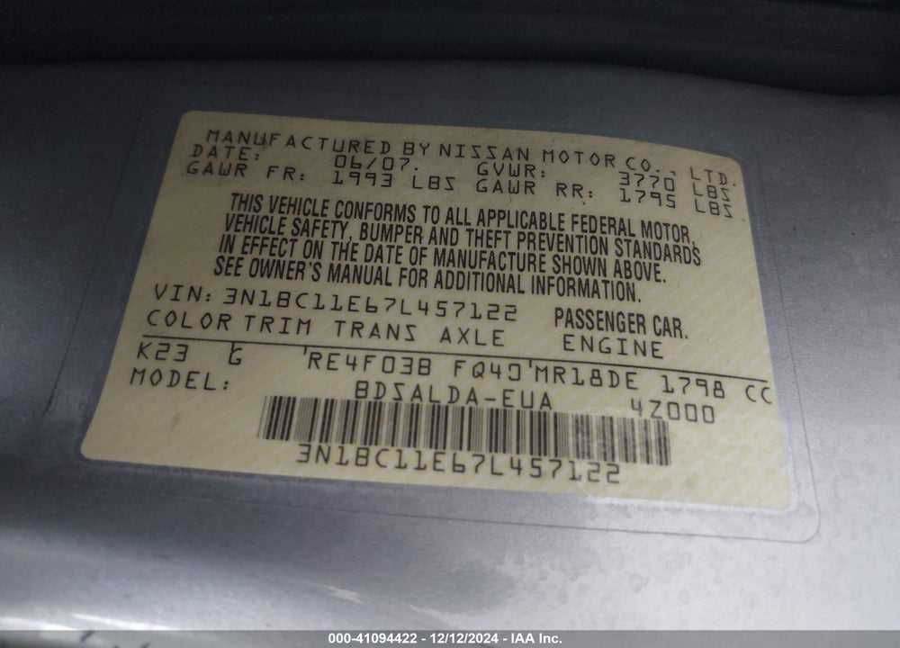 2007 NISSAN VERSA 1.8S VIN: 3N1BC11E67L457122