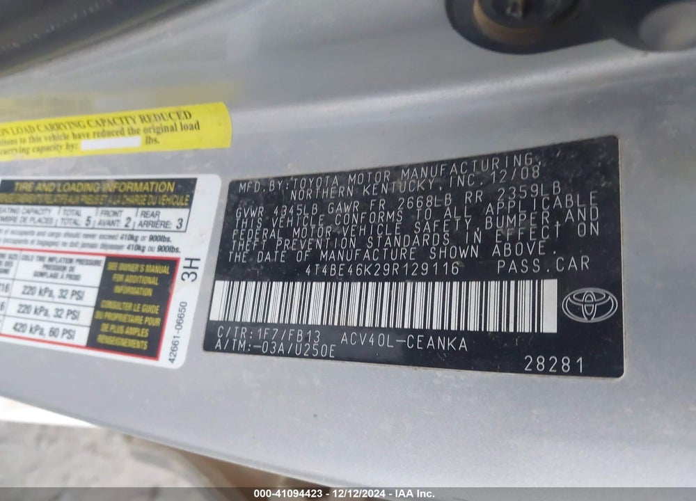 2009 TOYOTA CAMRY VIN: 4T4BE46K29R129116