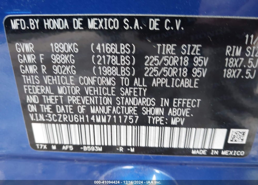2021 HONDA HR-V AWD SPORT VIN: 3CZRU6H14MM711757